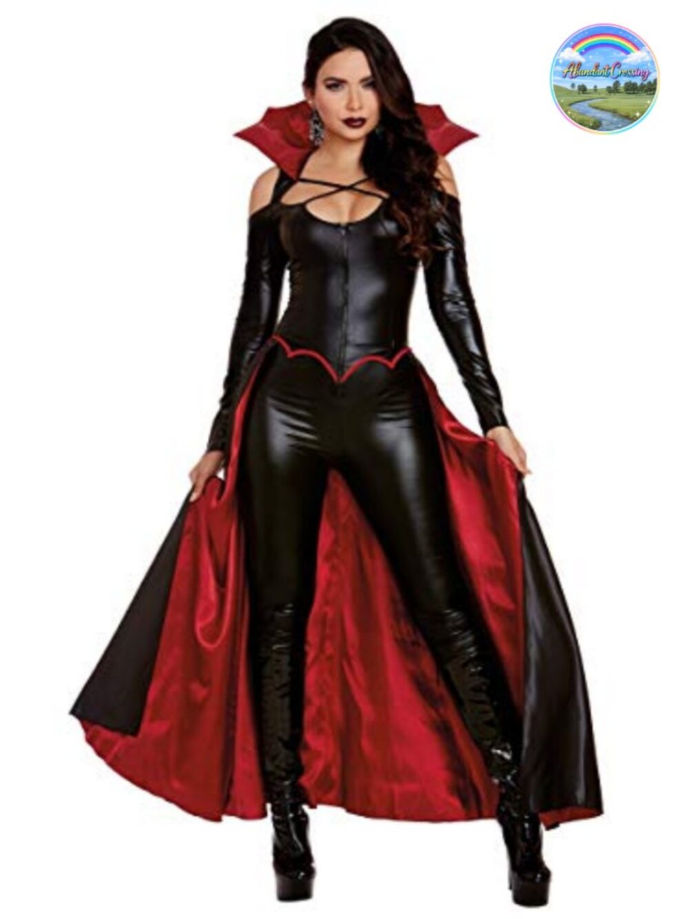Women's Vampire Costume Jumpsuit with Collar and Attached Skirt